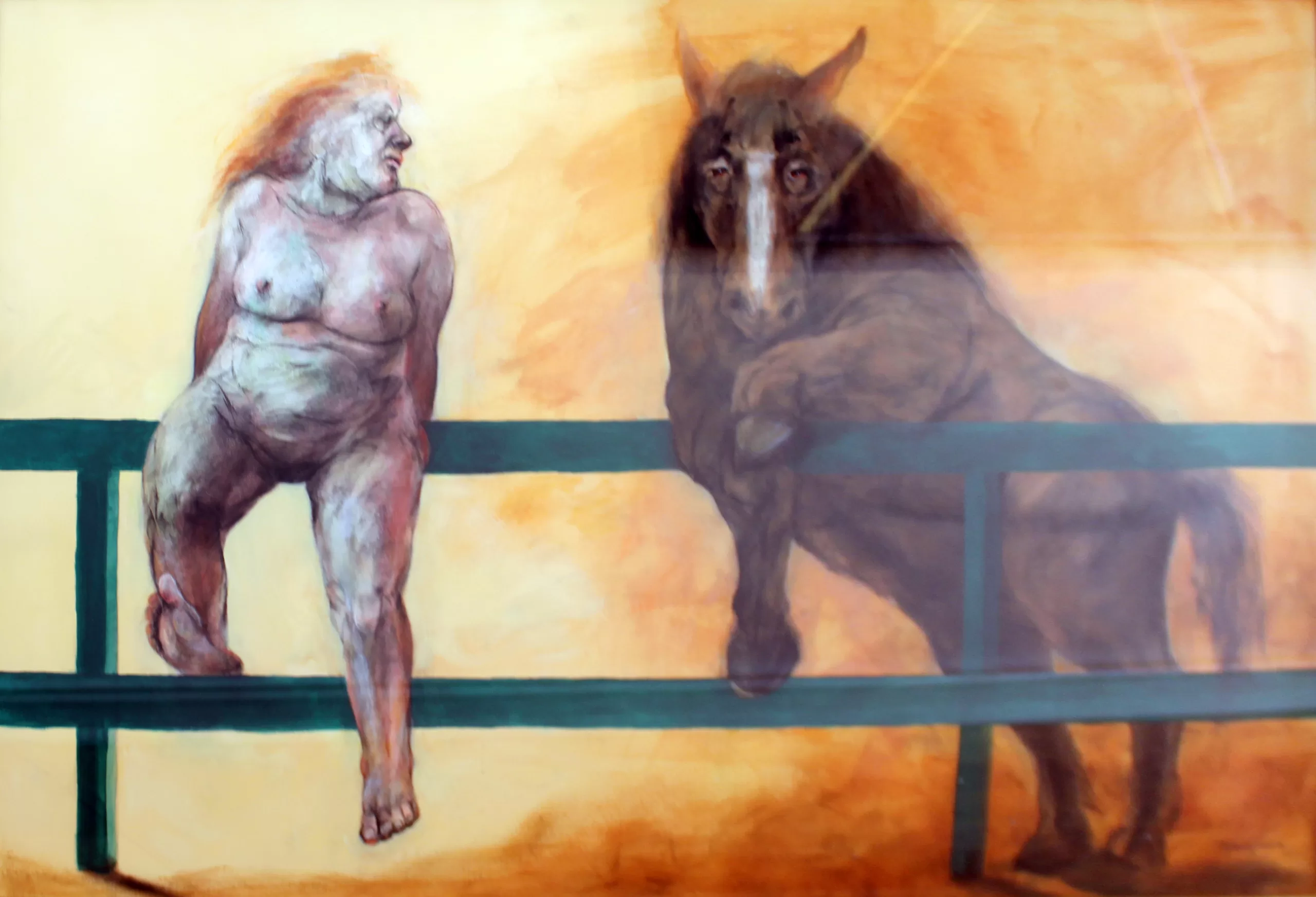 Woman and horse on rail