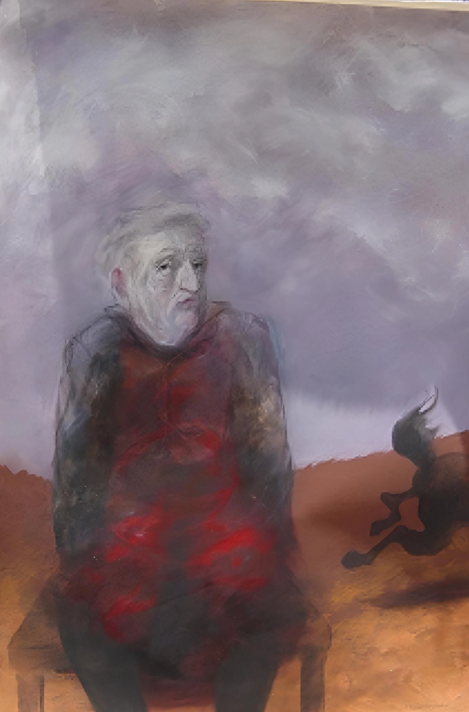 Seated figure, horse running out of picture