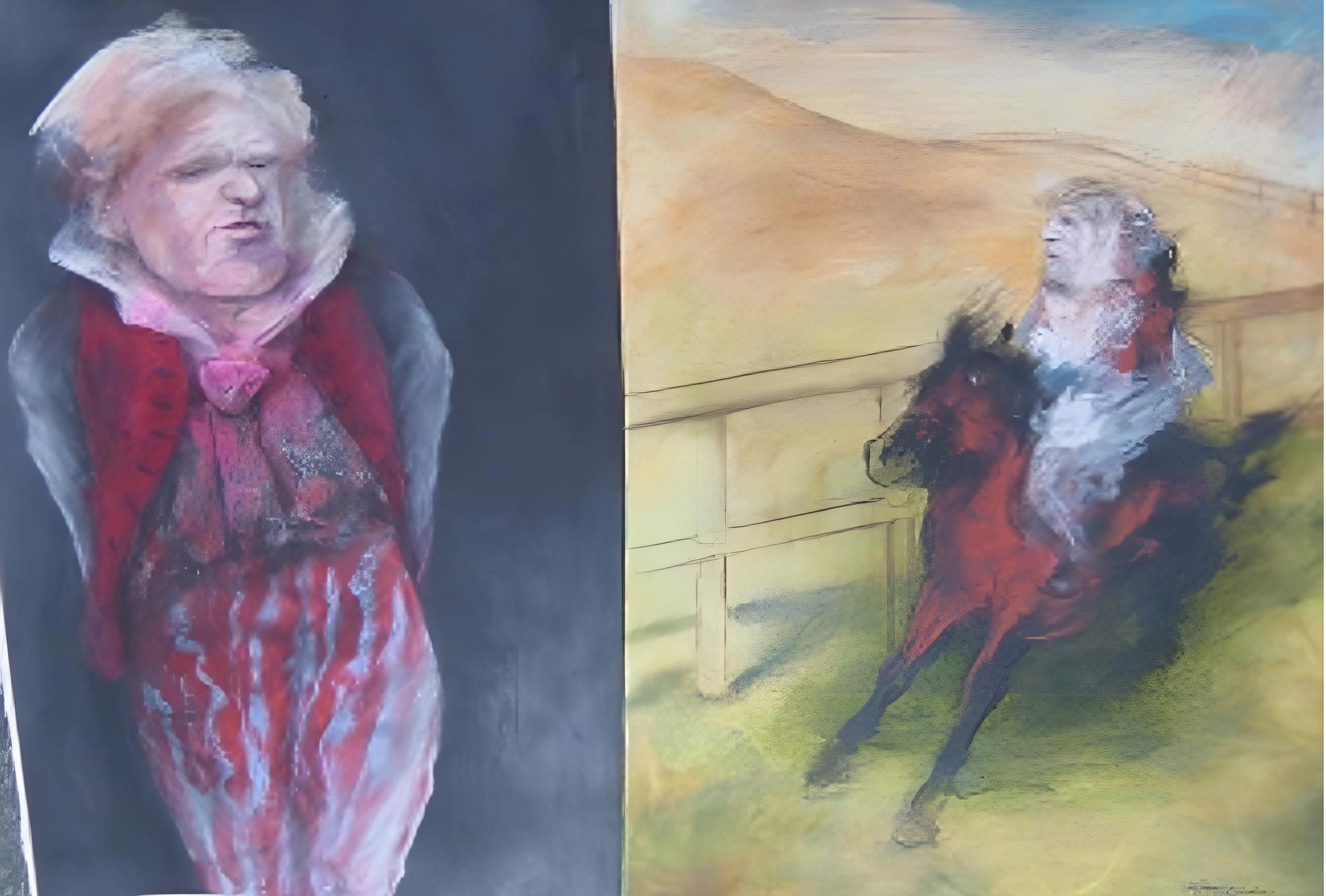 Horse, rider, figure behind wall