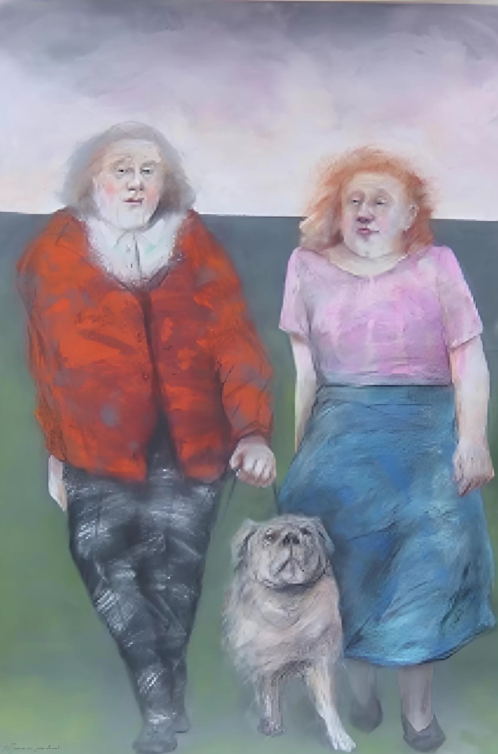 Man and woman leading dog