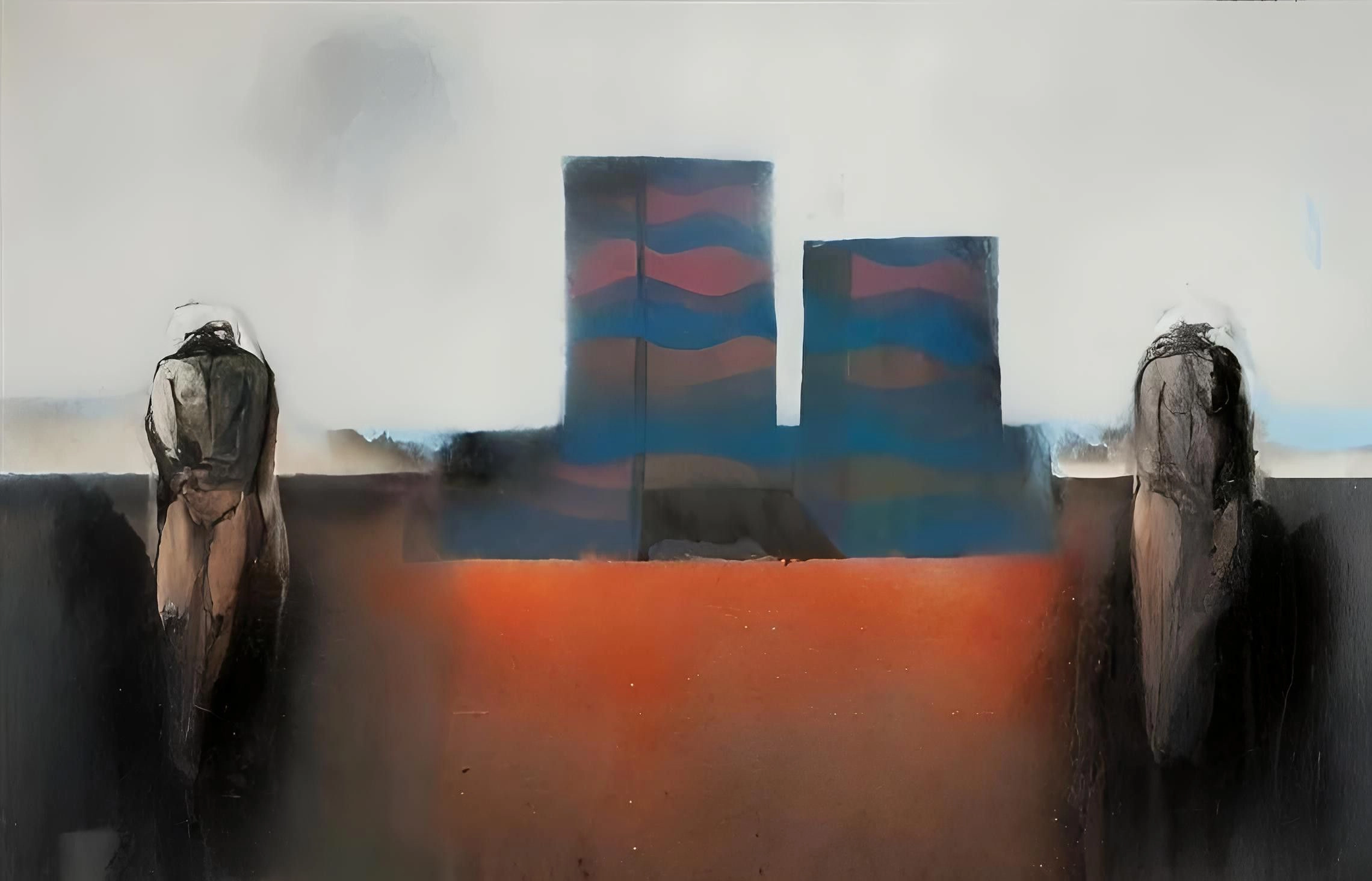 Two nude figures in an abstract landscape